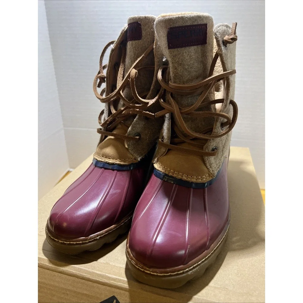 Sperry Saltwater Wool Womens Rain Duck Boots Tan Burgundy Lace Up Fall Winter 8M